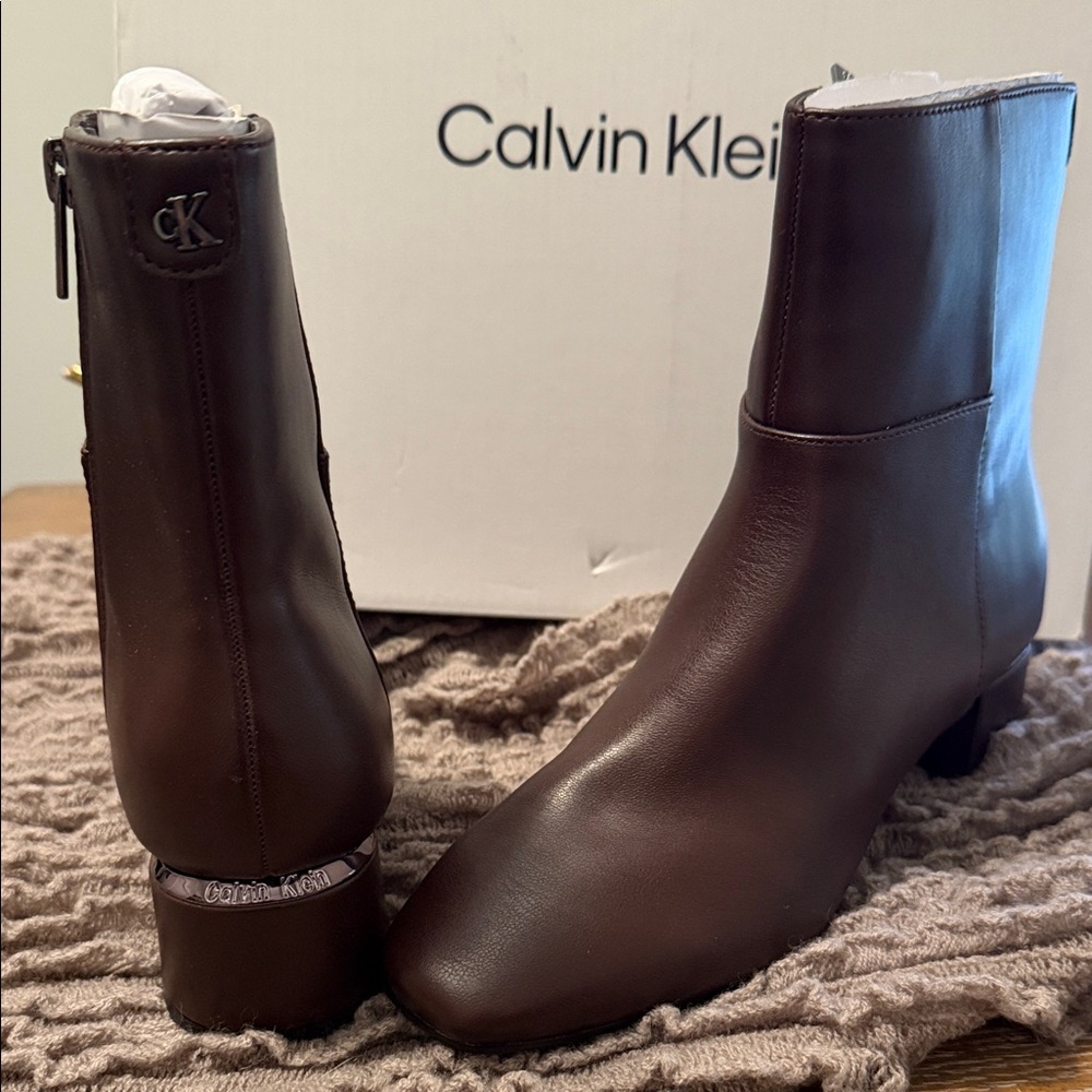 Calvin Klein Dark Brown Leather Mid-Calf Heeled Boots